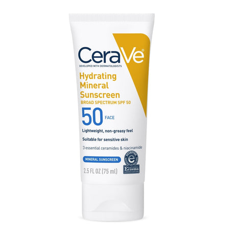 CeraVe Hydrating Mineral Sunscreen Face SPF 50 Lotion, Unscented, 2.5 oz