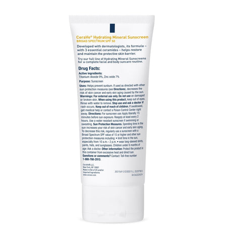 CeraVe Hydrating Mineral Sunscreen Face SPF 50 Lotion, Unscented, 2.5 oz
