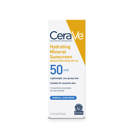 CeraVe Hydrating Mineral Sunscreen Face SPF 50 Lotion, Unscented, 2.5 oz