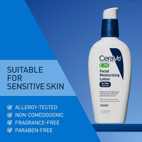 CeraVe Facial Moisturizing Lotion PM, Ultra Lightweight, Unscented, 3 fl oz