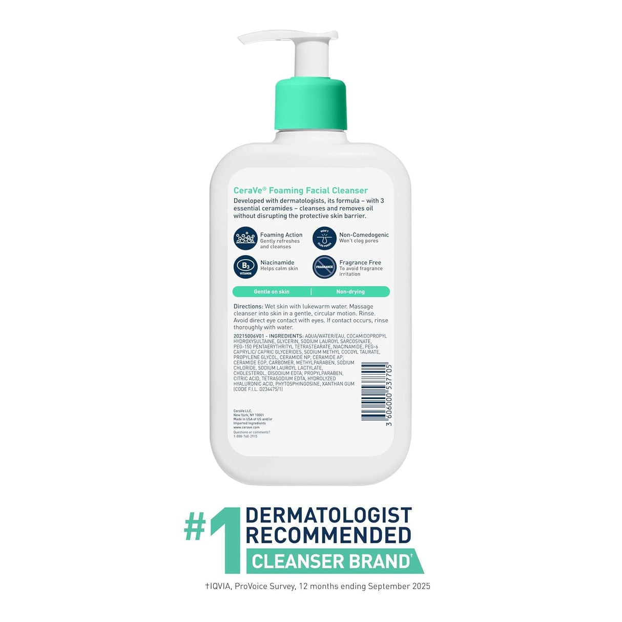 CeraVe Foaming Facial Cleanser for Normal to Oily Skin, Unscented, 16 Fl Oz