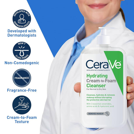 CeraVe Hydrating Cream-to-Foam Cleanser, Unscented, 19 fl oz