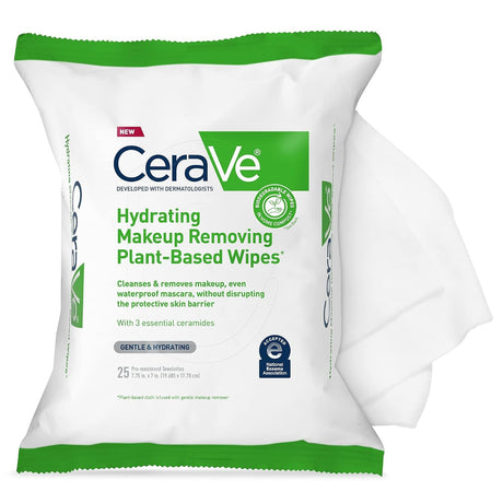 CeraVe Hydrating Makeup Removing Plant-Based Wipes, Unscented, Pack of 25