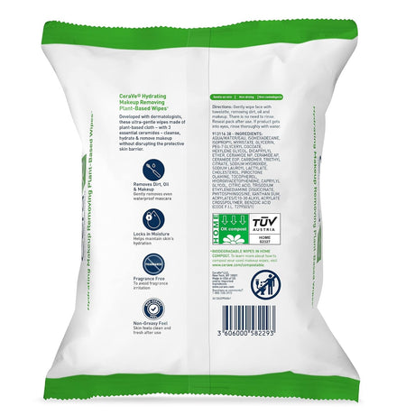 CeraVe Hydrating Makeup Removing Plant-Based Wipes, Unscented, Pack of 25