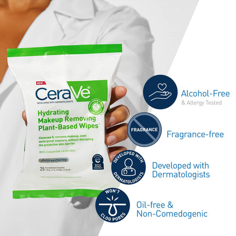 CeraVe Hydrating Makeup Removing Plant-Based Wipes, Unscented, Pack of 25