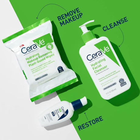 CeraVe Hydrating Makeup Removing Plant-Based Wipes, Unscented, Pack of 25