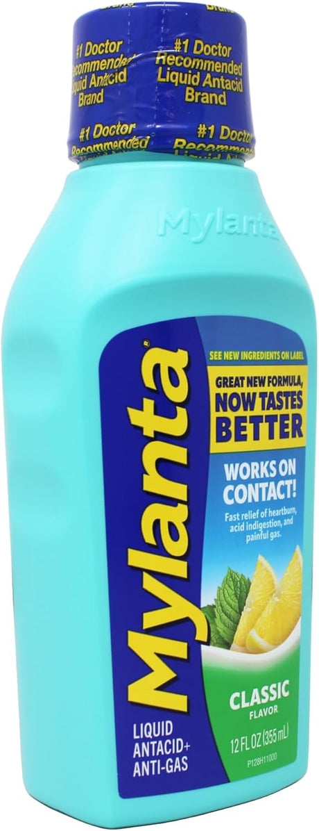 Mylanta Maximum Strength Antacid + Anti-Gas Liquid, Classic Flavor, 800 mg / 800 mg / 80 mg, 12 oz - 81990301128 - LL Medico