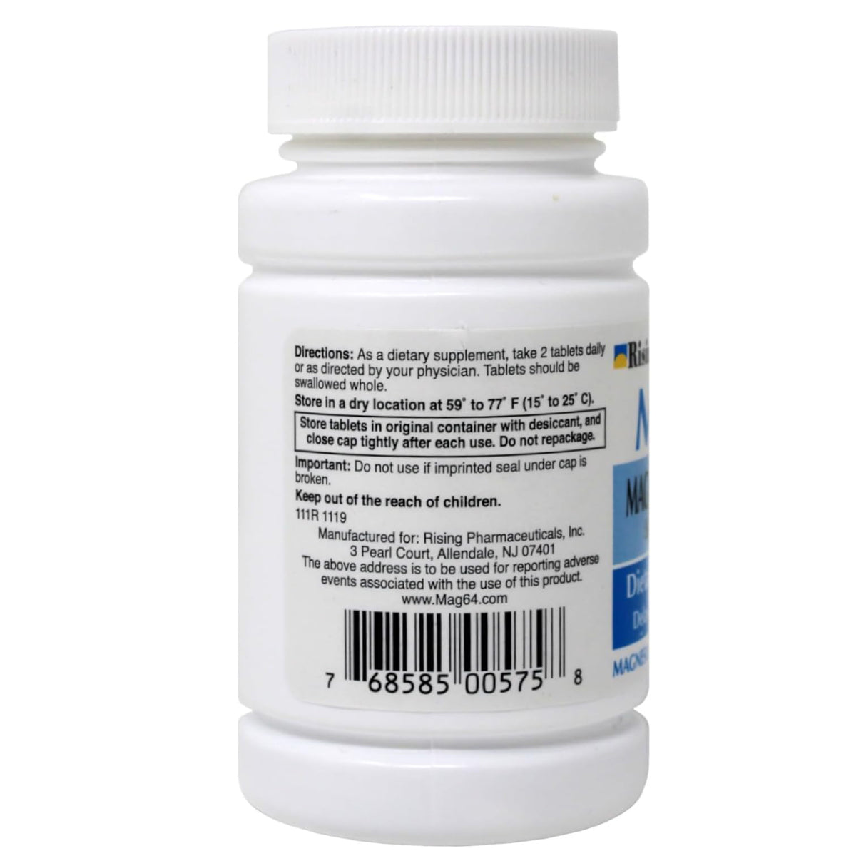 A white bottle of Rena-Vite Mag 64 Magnesium Chloride Mineral Supplement features usage directions, storage info, manufacturer details, and a barcode. Sealed with a closed cap, it's ideal for magnesium deficiency support against a plain white background.