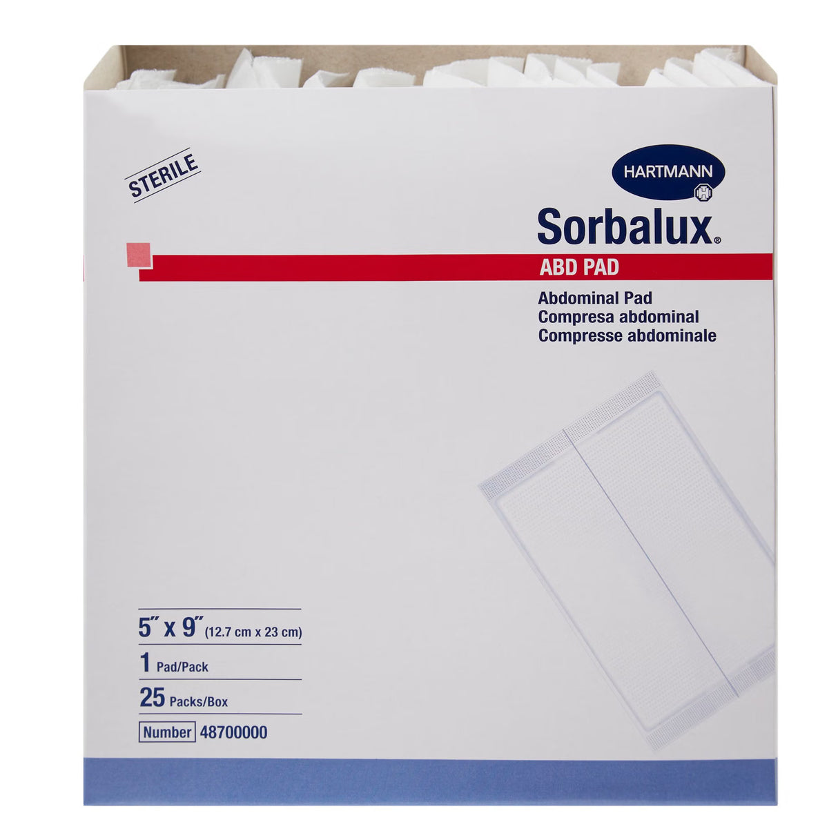 Sorbalux ABD Sterile Abdominal Pad, 5 x 9 Inch, One-Ply