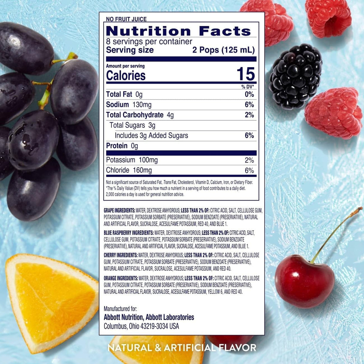 Pedialyte Freezer Pops Electrolyte Solution, Grape / Blue Raspberry / Cherry / Orange, 2.1 oz