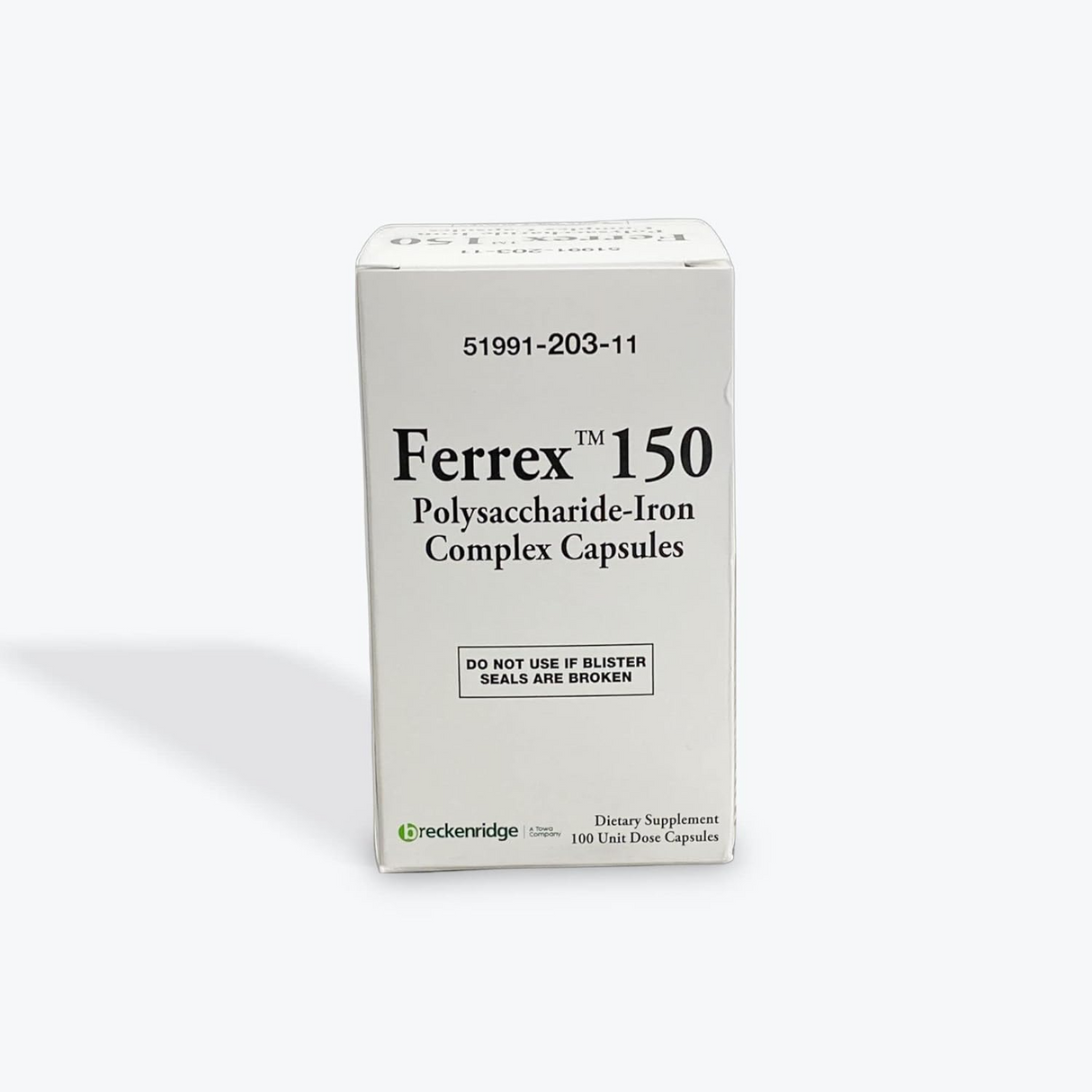 A white box labeled Ferrex Iron Polysaccharide Mineral Supplement, a dietary supplement by Ferrex for iron deficiency. It displays warnings, the brand logo, and notes it contains 100 capsules.