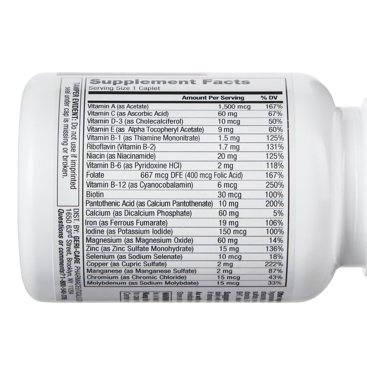 Close-up of the Geri-Care Multivitamin Supplement with Minerals bottle label showing Supplement Facts. Lists key immune-supporting vitamins and minerals per serving, including Vitamin A, C, D, E, B vitamins, Calcium, Iron, Magnesium, and Zinc.