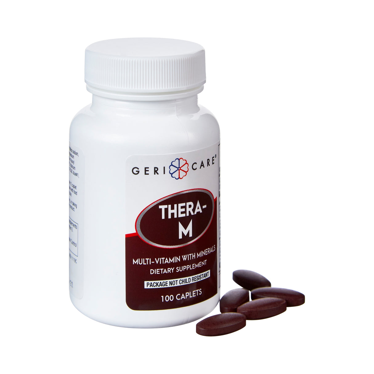 A white bottle labeled Geri-Care Multivitamin Supplement with Minerals sits next to five brown caplets on a white background. This Geri-Care product provides daily vitamins and minerals for immune support. Package is not child resistant.