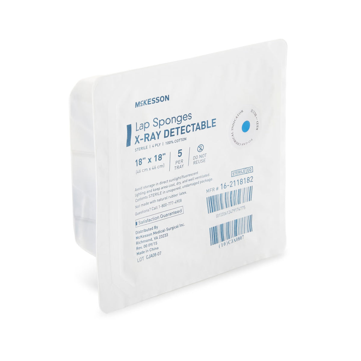McKesson Lap Sponges X-Ray Detectable Sterile 4 Ply 100% Cotton, 18" x 18" - 16-2118182 - LL Medico