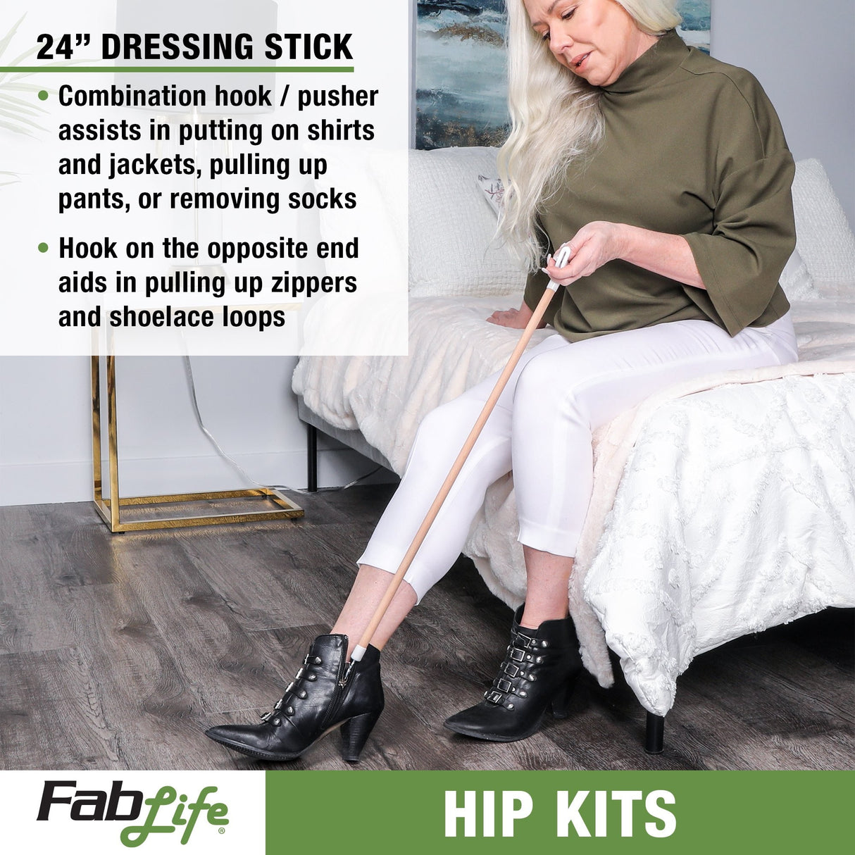ADL Hip / Knee Equipment Kit FabLife Reacher - 32 Inch Length / Shoehorn - 18 Inch Length / Dressing Stick - 24 Inch Length / Leg Lifter - 32 Inch Length