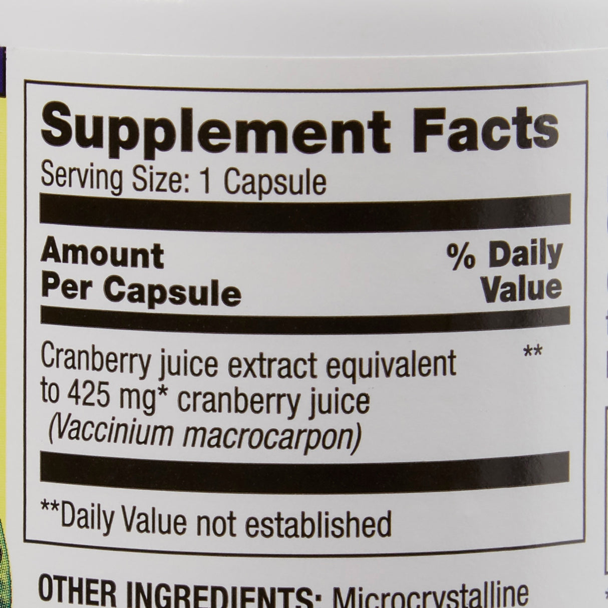The supplement facts label for Optimum Cranberry Dietary Supplement by Optimum shows 1 capsule contains cranberry juice extract (425 mg equivalent) to support urinary tract health. Daily value not established. Other ingredients partially visible.