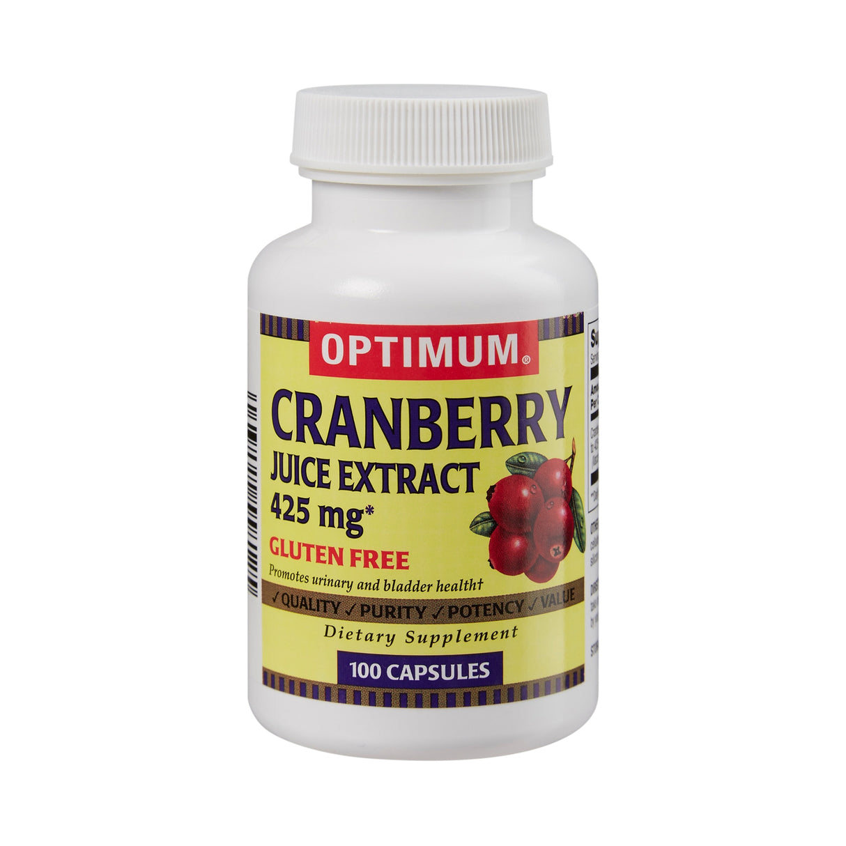 A white bottle labeled Optimum Cranberry Dietary Supplement (Optimum brand), featuring cranberry images, gluten-free and antioxidant info, supports urinary tract health. Contains 100 capsules, each with cranberry extract.
