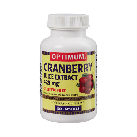 A white bottle labeled Optimum Cranberry Dietary Supplement (Optimum brand), featuring cranberry images, gluten-free and antioxidant info, supports urinary tract health. Contains 100 capsules, each with cranberry extract.