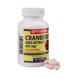 A white Optimum Cranberry Dietary Supplement bottle labeled 425 mg, Gluten Free, 100 capsules, features cranberry images. Three pink and white capsules beside the bottle highlight this antioxidant-rich supplement from Optimum.