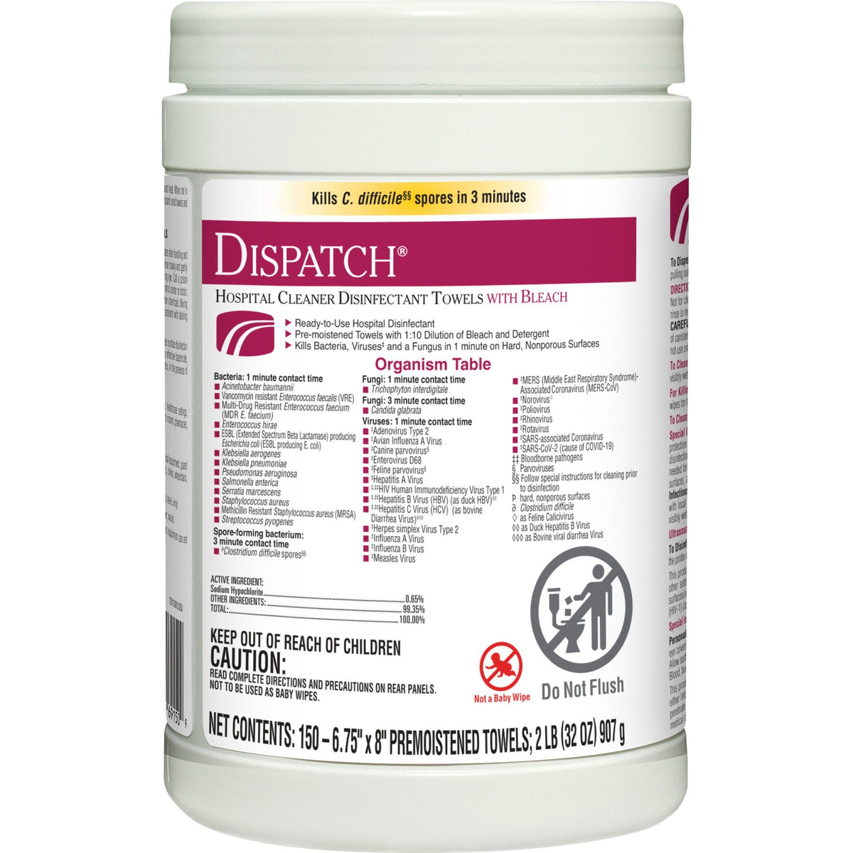 Dispatch with Bleach Surface Disinfectant Cleaner Wipes, Premoistened, Fruity Floral Bleach Scent, Nonsterile, 6.75" x 8" - 69150 - LL Medico