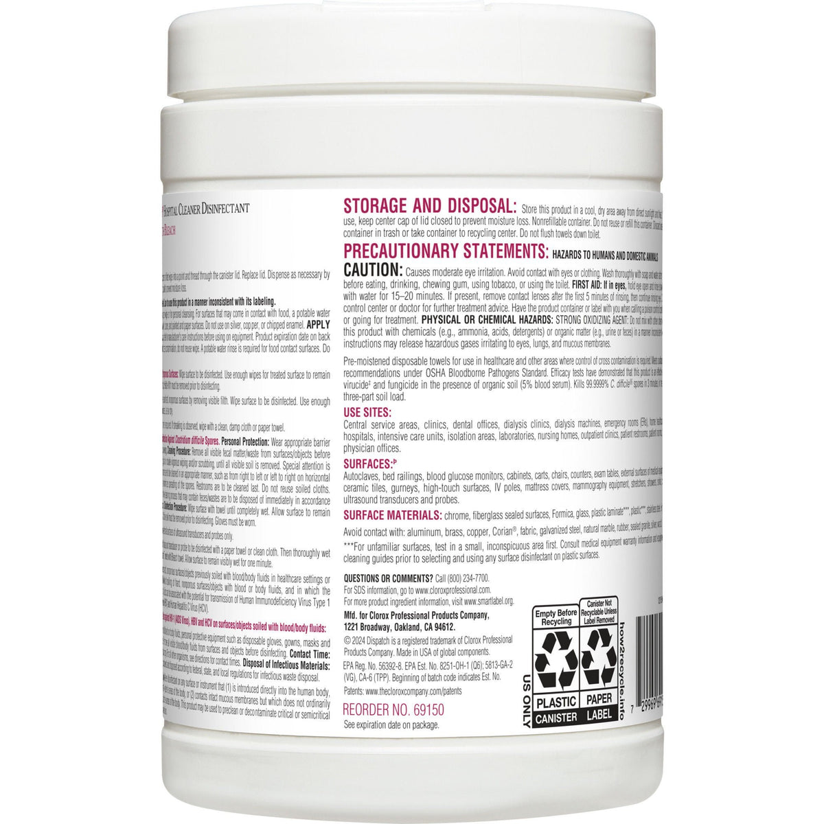 Dispatch with Bleach Surface Disinfectant Cleaner Wipes, Premoistened, Fruity Floral Bleach Scent, Nonsterile, 6.75" x 8" - 69150 - LL Medico