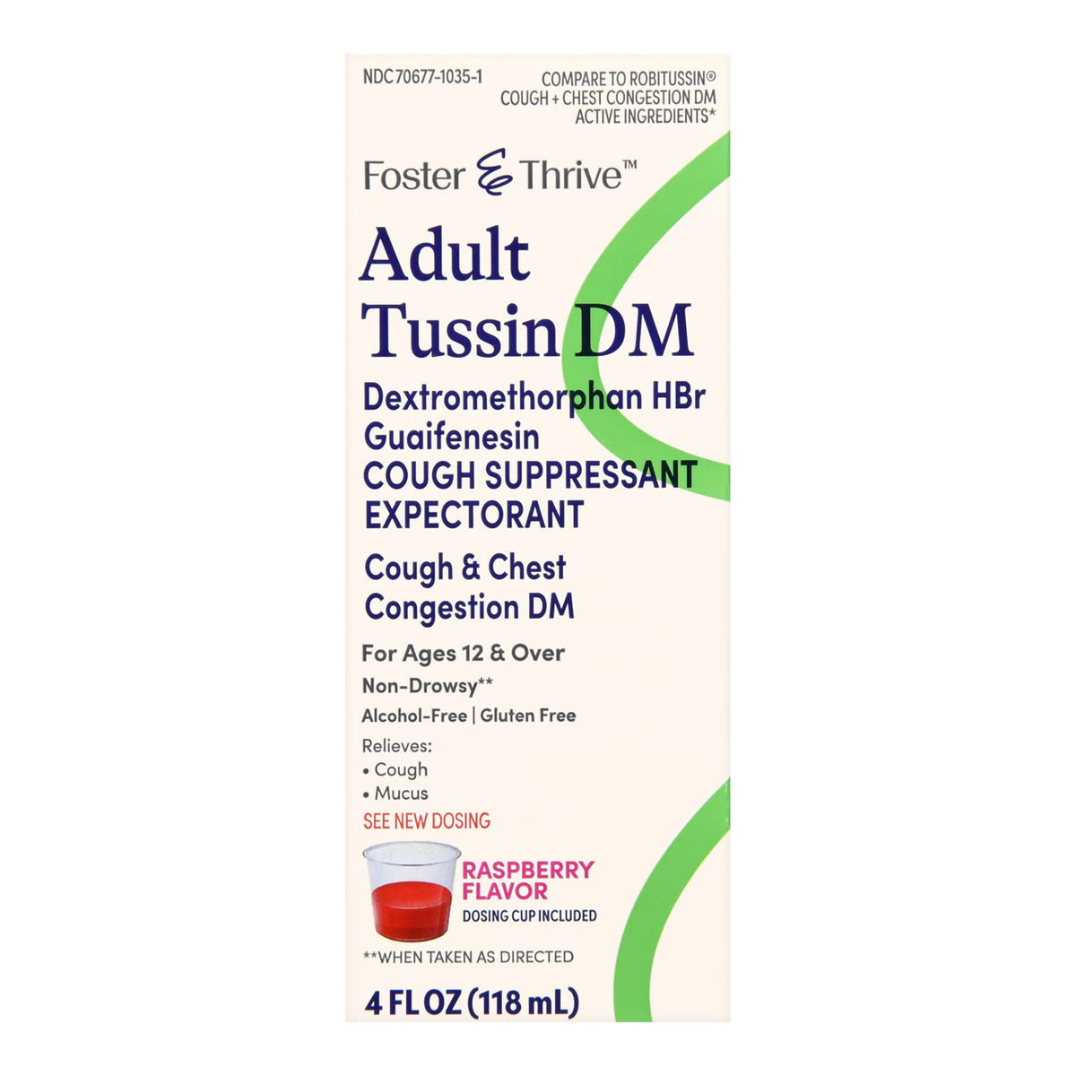 Foster & Thrive Adult Tussin DM Liquid, Guaifenesin 200 mg - Dextromethorphan HBr 20 mg / 20 mL, Raspberry Flavor, 4 oz - 70677103501 - LL Medico