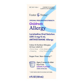 Foster & Thrive Children's Allergy Loratadine Oral Solution, 5 mg / 5 mL, Grape Flavor, 4 oz - 70677105801 - LL Medico
