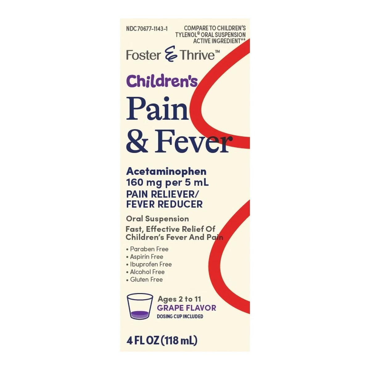 Foster & Thrive Children's Acetaminophen Pain Relief, 160 mg / 5 mL, Grape Flavor, Oral Suspension, 4 oz - 70677114301 - LL Medico