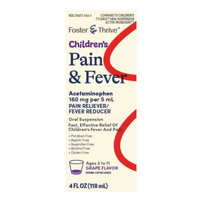 Foster & Thrive Children's Acetaminophen Pain Relief, 160 mg / 5 mL, Grape Flavor, Oral Suspension, 4 oz - 70677114301 - LL Medico