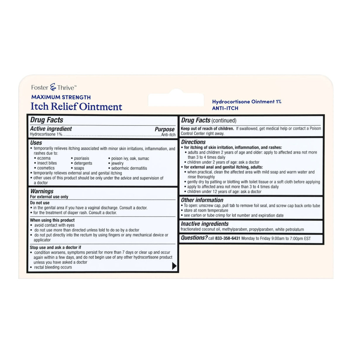 Foster & Thrive Hydrocortisone Itch Relief Ointment, 1%, 1 oz Tube - 70677121401 - LL Medico