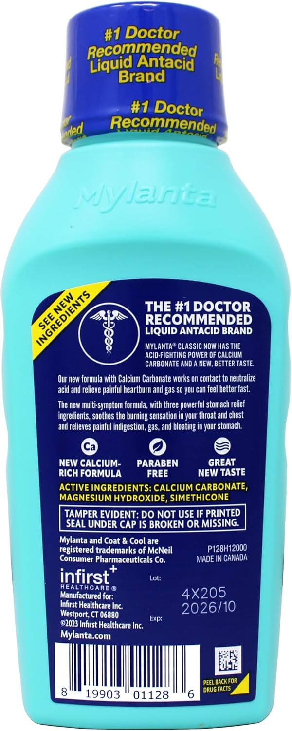 Mylanta Maximum Strength Antacid + Anti-Gas Liquid, Classic Flavor, 800 mg / 800 mg / 80 mg, 12 oz - 81990301128 - LL Medico