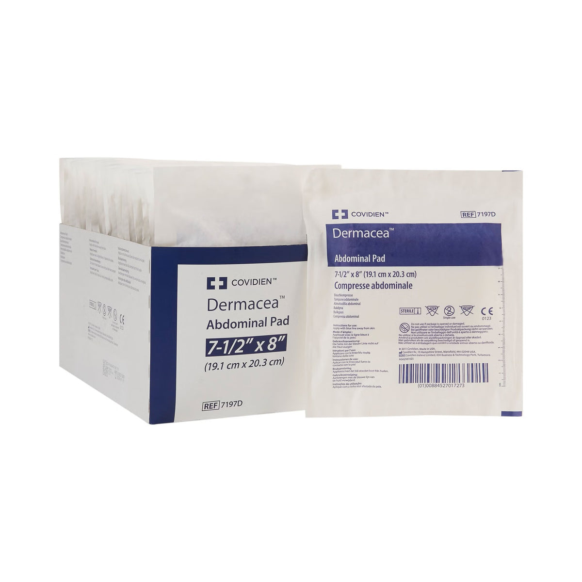 Dermacea Abdominal Pad, Sterile, 7.5" x 8", White, Nonwoven Fluff - 7197D - LL Medico
