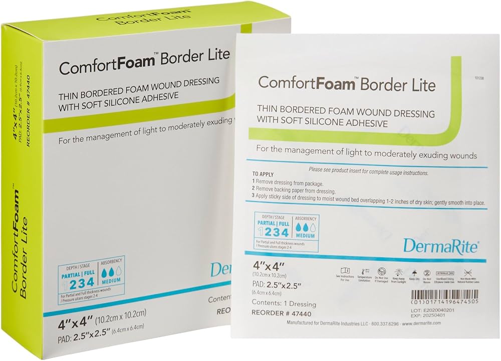 ComfortFoam Border Lite Thin Bordered Foam Wound Dressing, 4 x 4 Inch