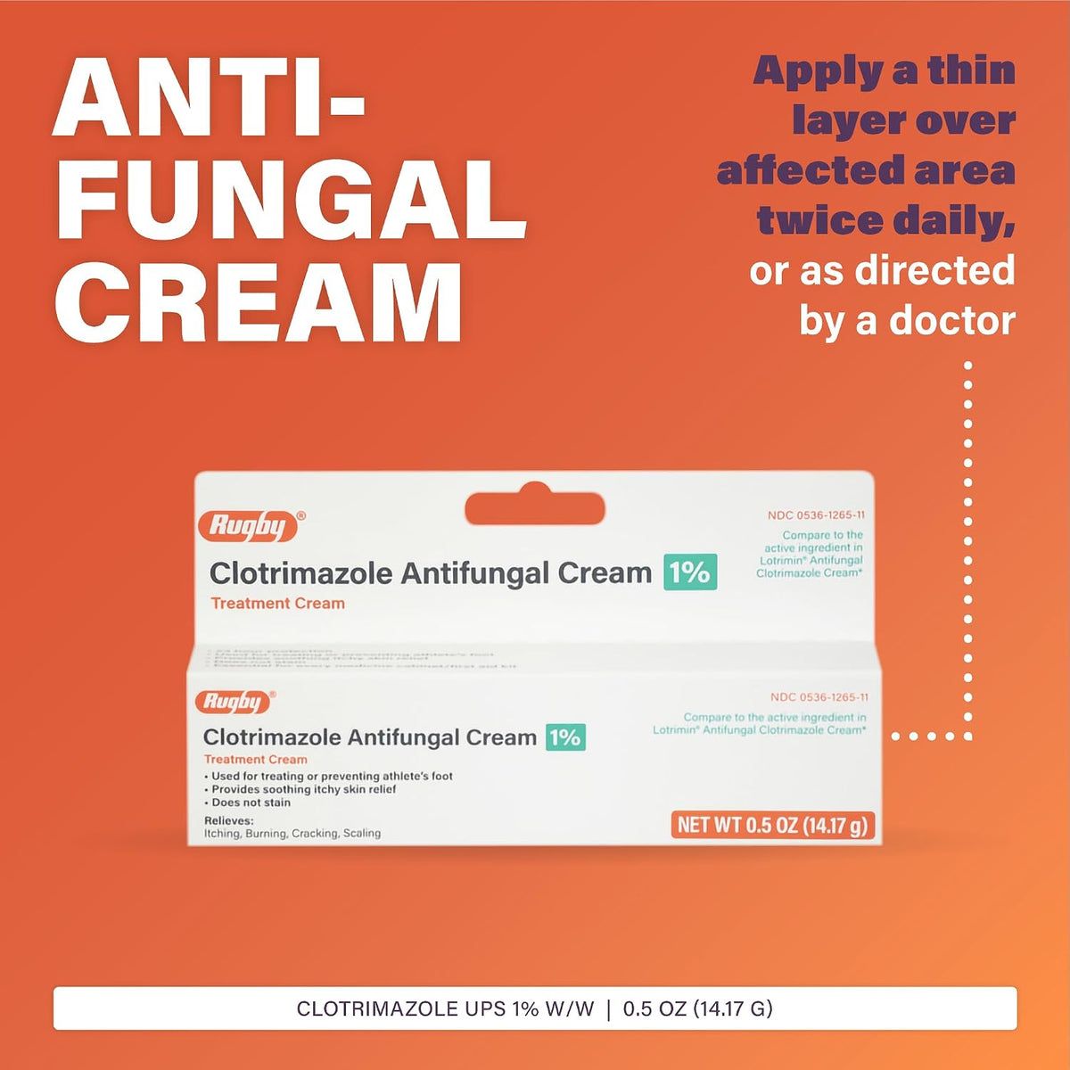 Rugby Clotrimazole Antifungal Cream, 1%, 14.17 g Tube - 00536126511 - LL Medico