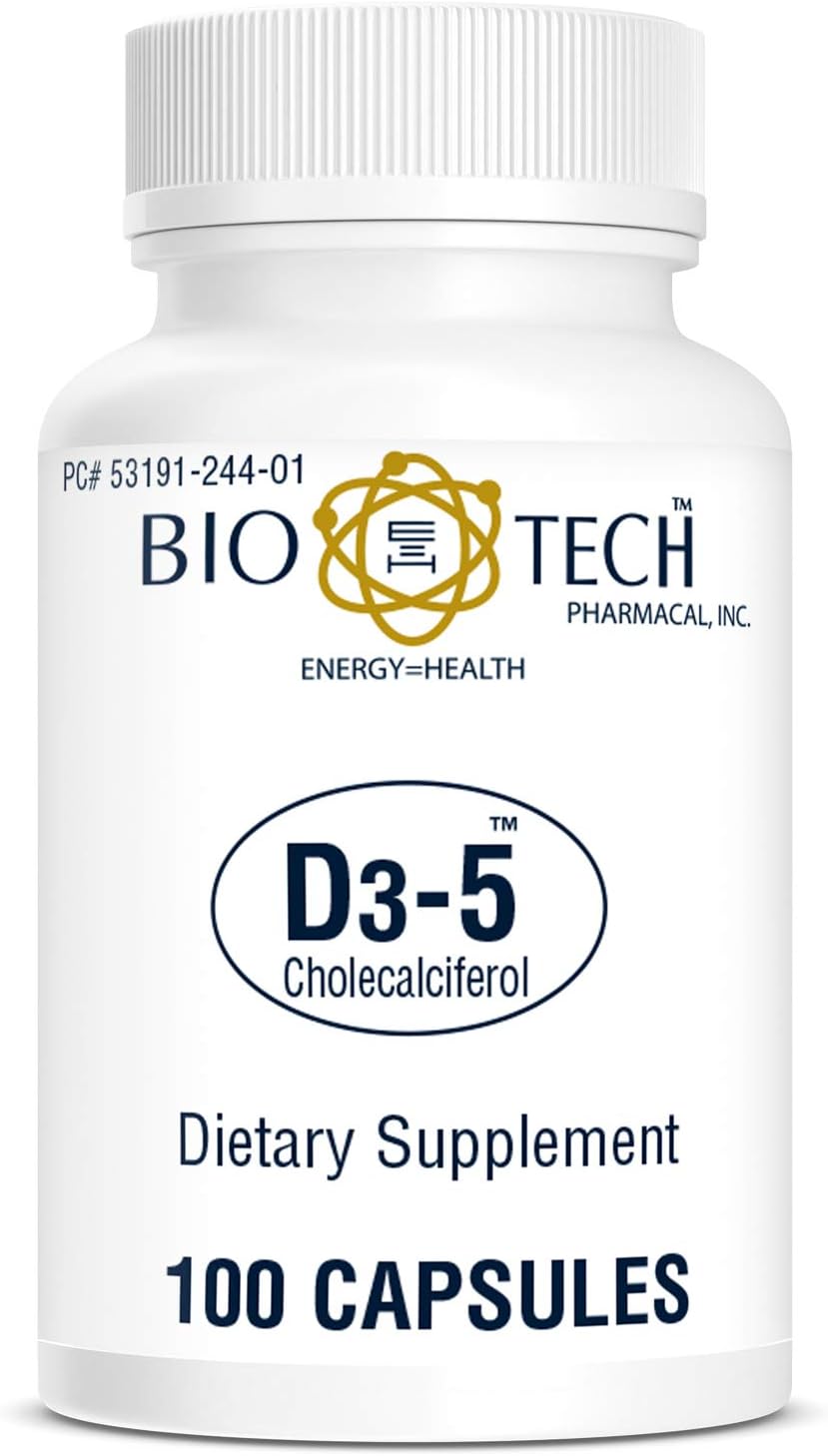 A white bottle labeled Bio Tech Vitamin D3 Supplement by Bio Tech contains 100 capsules for bone health and immune support. The label reads ENERGY=HEALTH and PC# 53191-244-01.