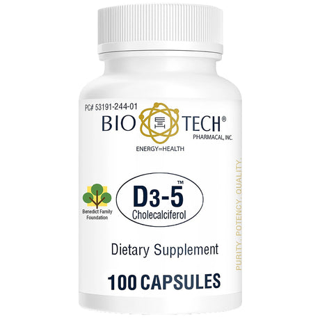 A white bottle labeled Bio Tech Vitamin D3 Supplement, 100 capsules, features a gold logo and Benedict Family Foundation logo, with text emphasizing purity, potency, quality, and immune support.