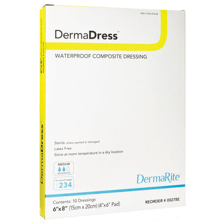 DermaDress Composite Dressing, Rectangle Sterile Waterproof Film Backing — 6" x 8"