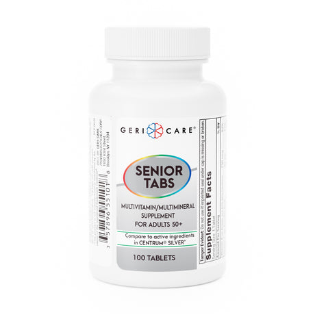 A white bottle labeled “Geri-Care Multivitamin Supplement with Minerals” by Geri-Care contains 100 tablets for adults 50+, with a “Supplement Facts” label and supports immune health with essential vitamins and minerals.