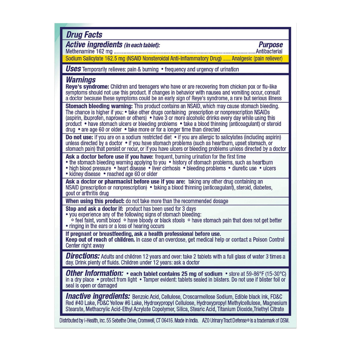 AZO Urinary Tract Defense Antibacterial Protection Tablets, Methenamine / Sodium Salicylate 162 mg - 162.5 mg - 787651760117 - LL Medico