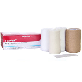 FlexPress4 4-Layer Compression Bandage System, Self-Adherent, Tape Closure, 4" Width, Elastic, Tan/White, Nonsterile - 79000-Single - LL Medico