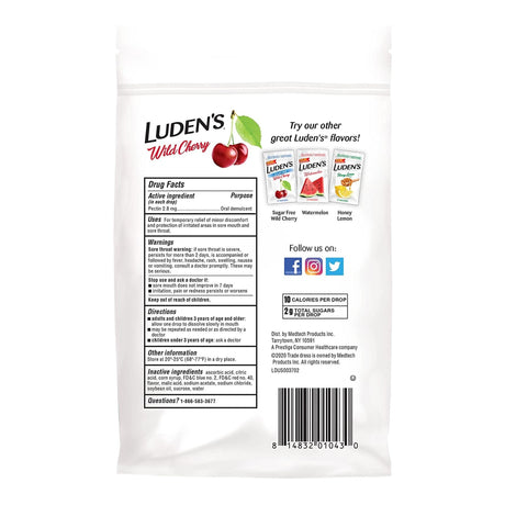 Luden's Wild Cherry Sore Throat Relief Lozenges, 2.8 mg, Pectin