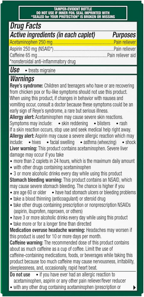 Excedrin Migraine Pain Relief Caplets, Acetaminophen 250 mg / Aspirin 250 mg / Caffeine 65 mg - LL Medico