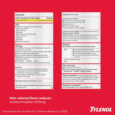 Tylenol 8 HR Arthritis Pain Extended-Release Caplets, 650 mg Acetaminophen - LL Medico