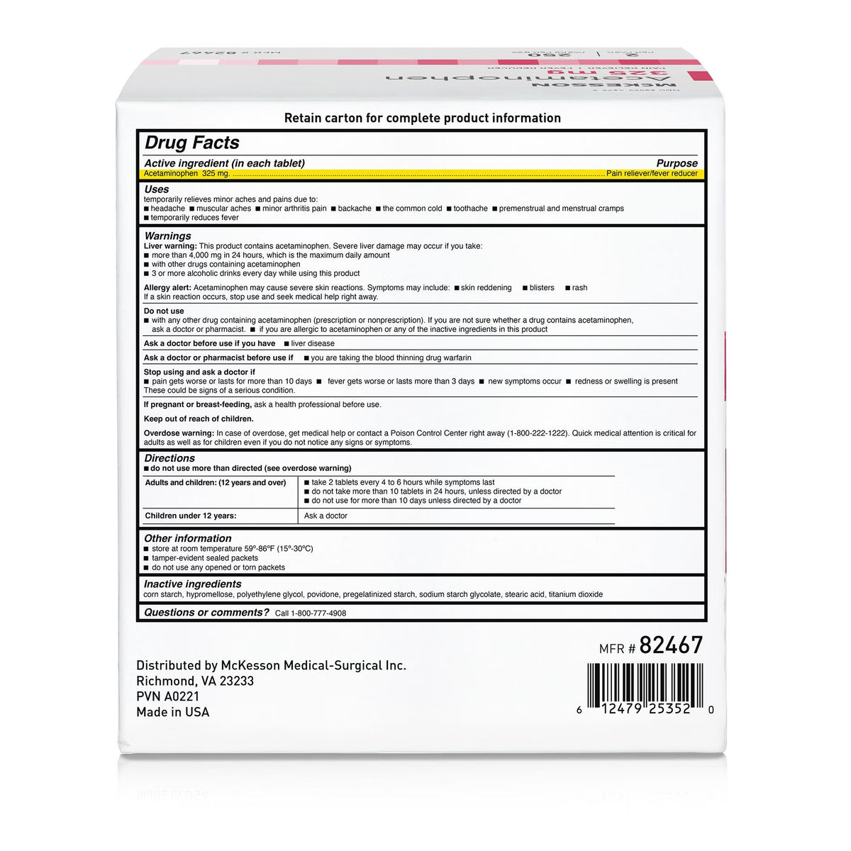 McKesson Acetaminophen Pain Relief, 325 mg, Unit Dose Tablet - 82467 - LL Medico