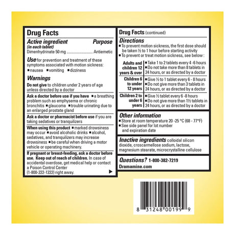 Dramamine Original Motion Sickness Relief Tablets, Dimenhydrinate 50 mg - 83124800199 - LL Medico