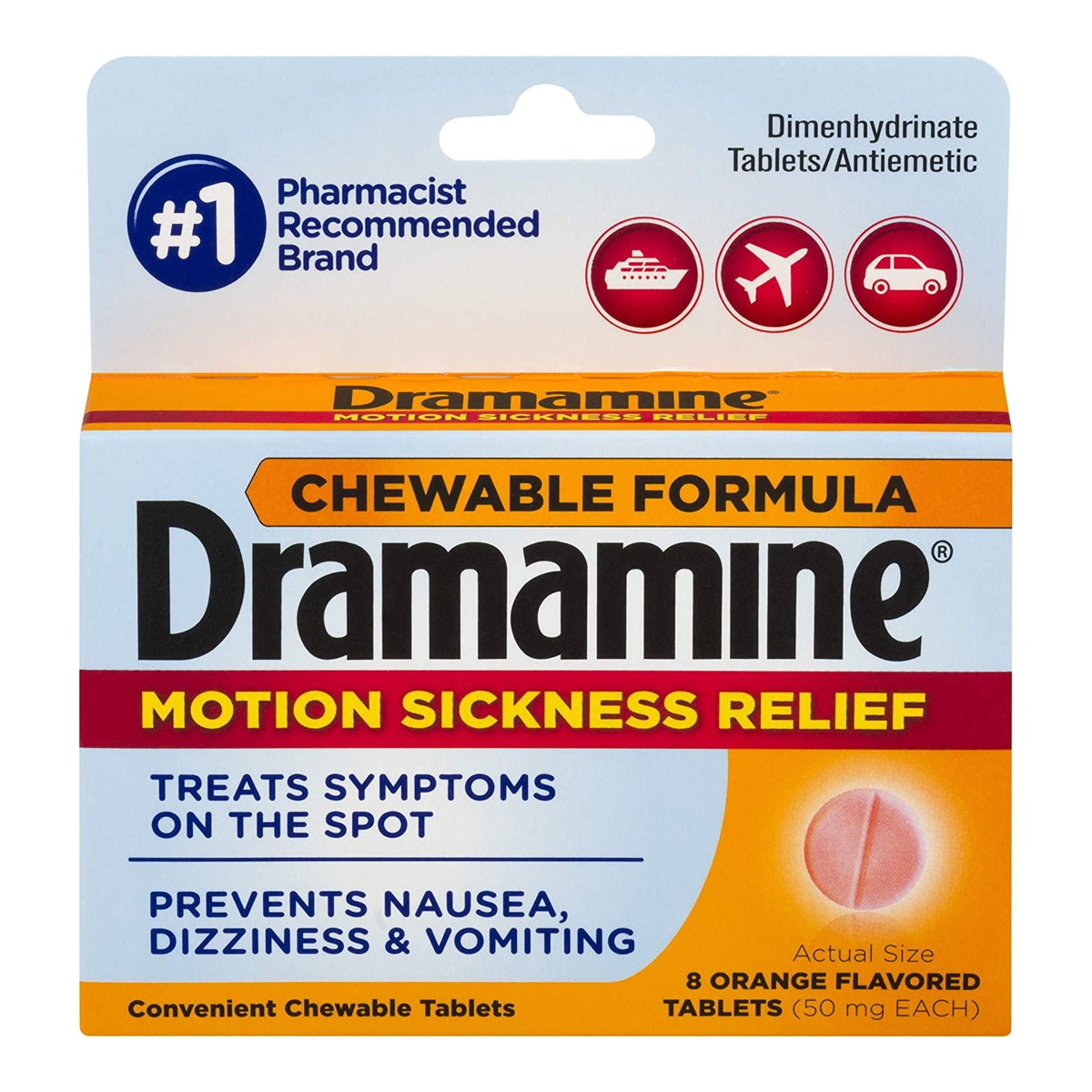 Dramamine Motion Sickness Relief Chewable Tablets, 50 mg, Orange - 83124800200 - LL Medico