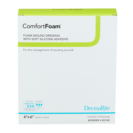DermaRite ComfortFoam Foam Dressing, Square Sterile, Non-Bordered, Silicone Face — 6" x 6"