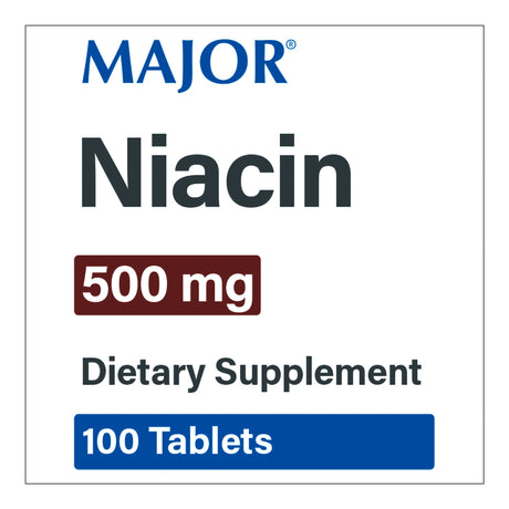Product label for Major Niacin Dietary Supplement by Major, 500 mg in a maroon box, 100 Tablets in a blue box—supports energy metabolism and heart health. Label text is bold.