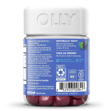 OLLY Extra Strength Sleep Gummies with Melatonin and L-Theanine, Blackberry Zen, 5 mg Melatonin
