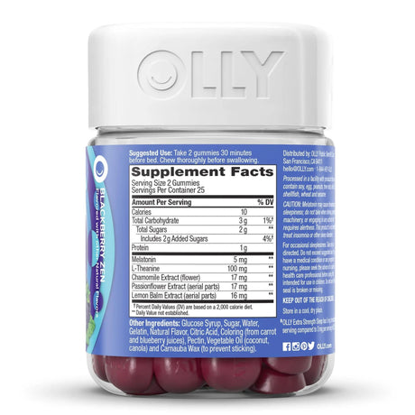 OLLY Extra Strength Sleep Gummies with Melatonin and L-Theanine, Blackberry Zen, 5 mg Melatonin